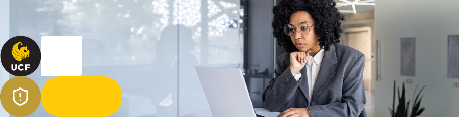 Person at desk with laptop, icons of handshake, UCF logo, and certification badge visible